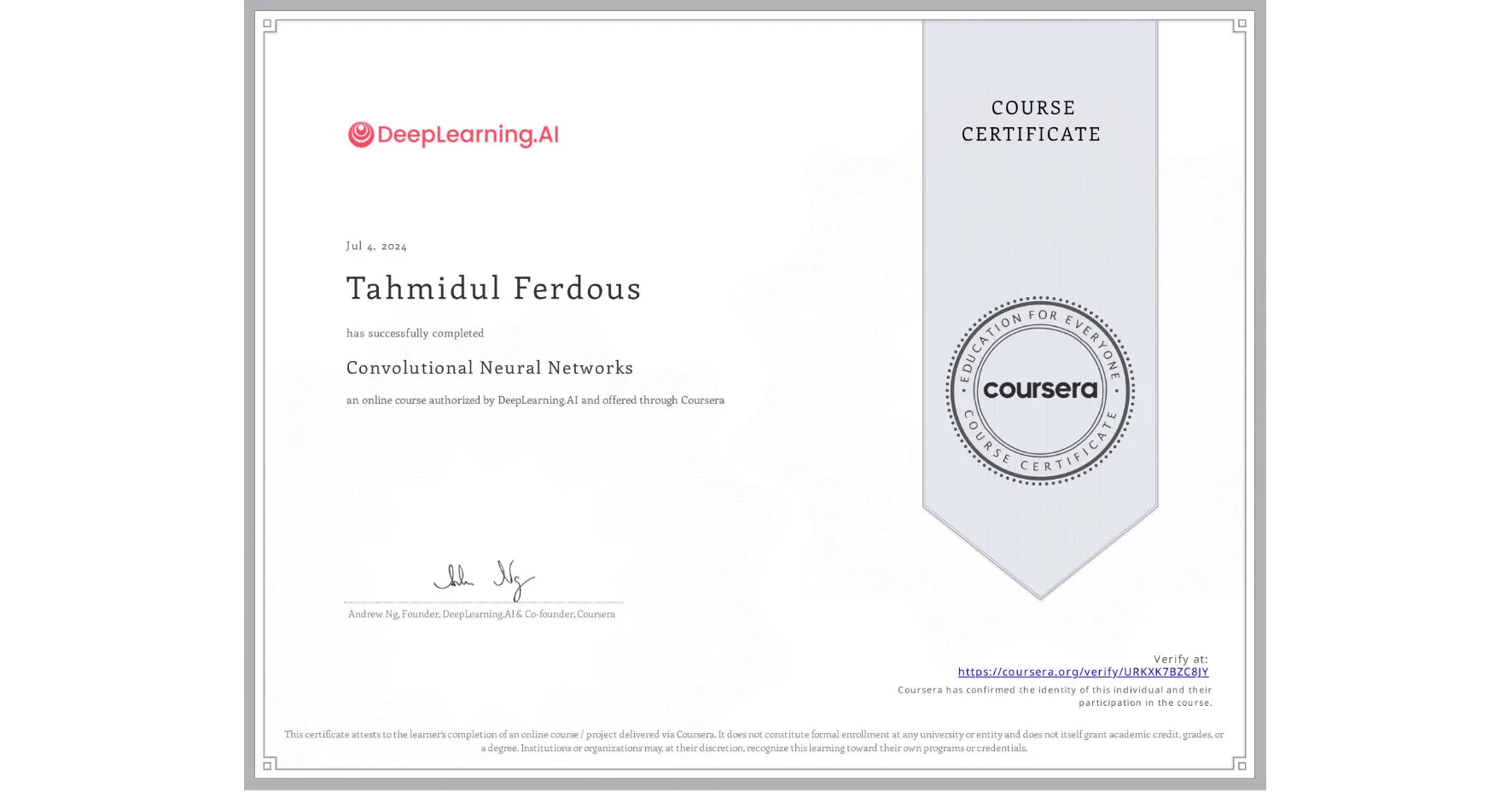 Convolutional Neural Networks certificate